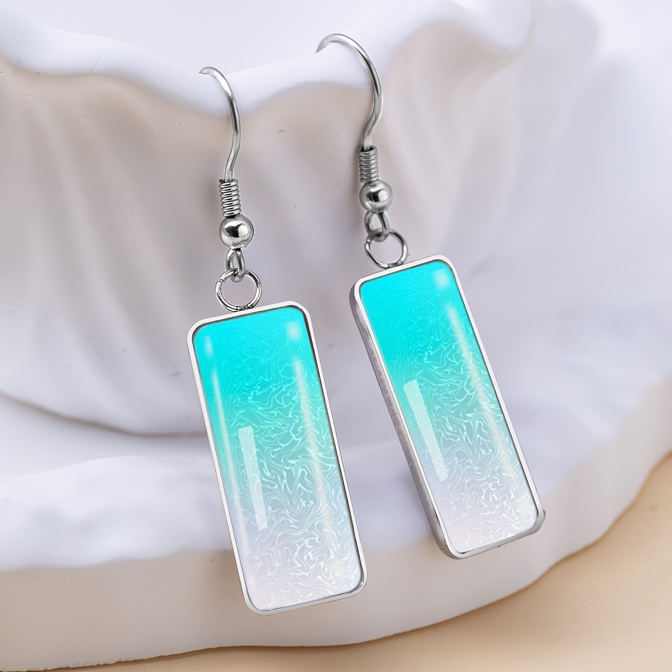 Light Blue Gradient Ripple Pattern Earrings, Stainless Steel
